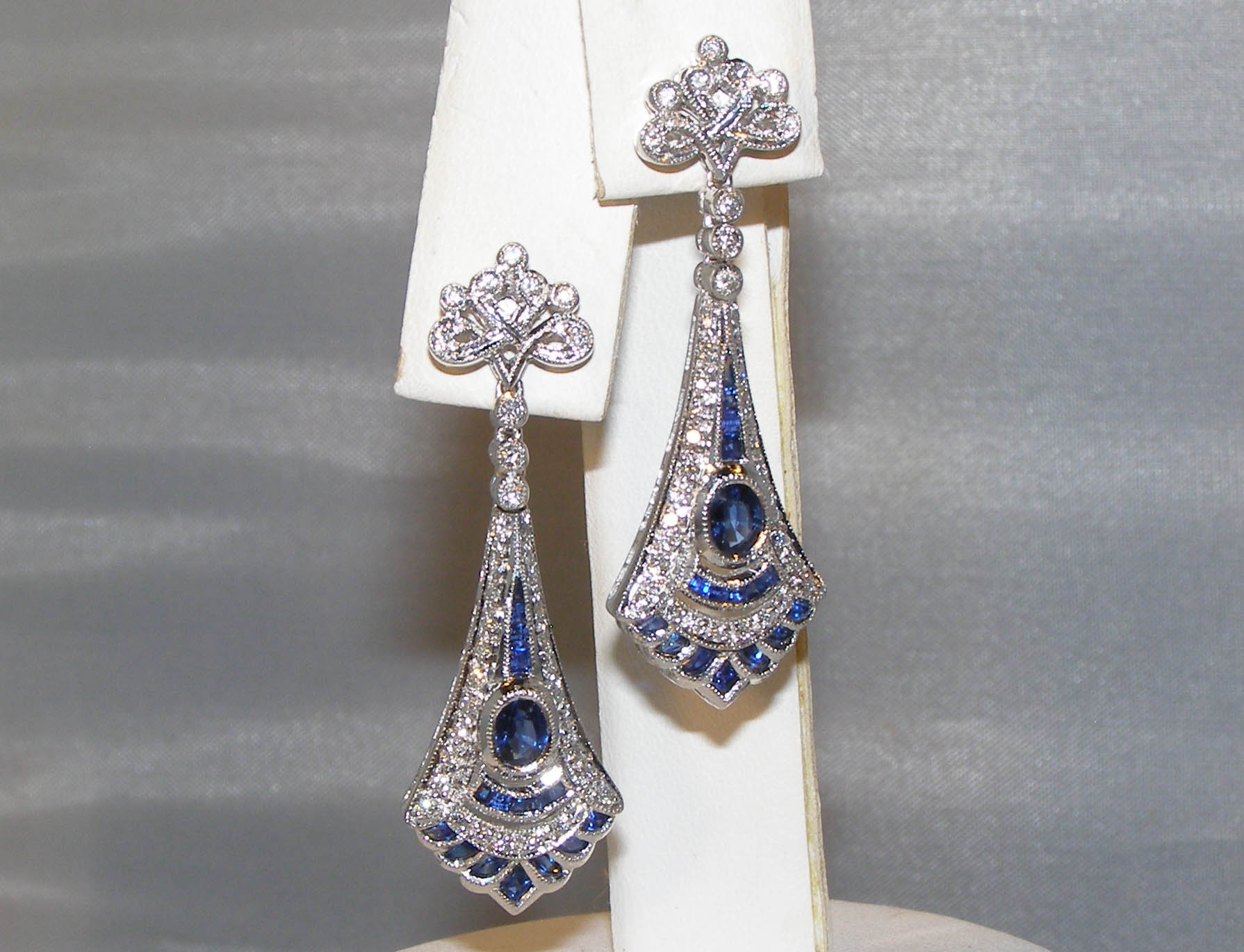 Vintage Art Deco Sapphire(H)* Diamond Dangles 18KWG 1.68 ctw