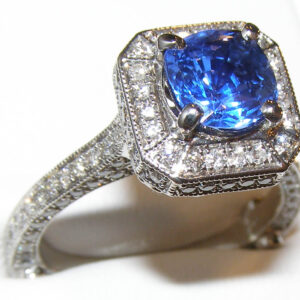 Ceylon Sapphire(H)*Designer Art Deco Ring 14KWG 4.36 ctw