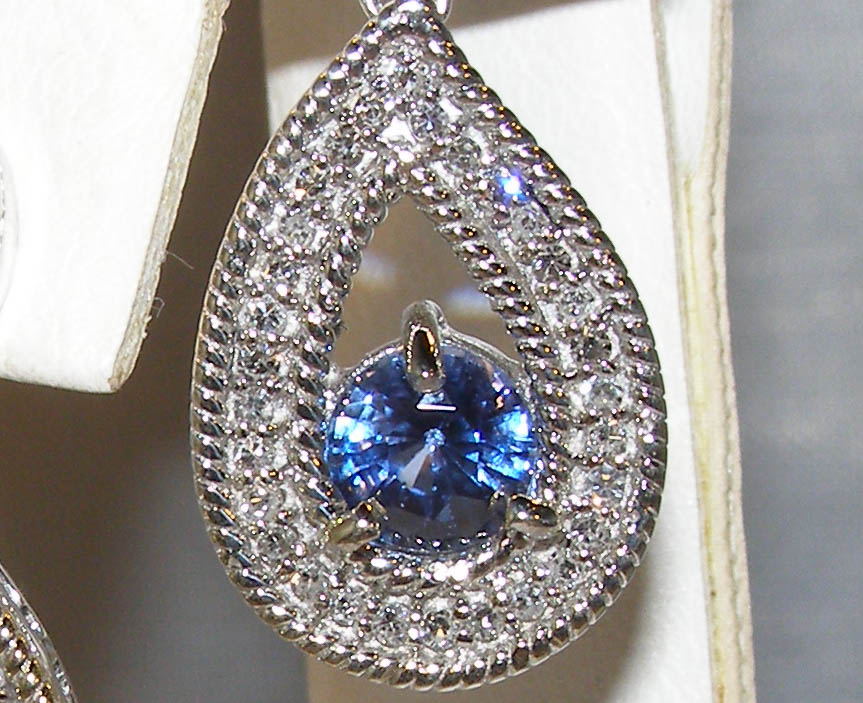 Tear Drop Ceylon Sapphire(H)* Pave Diamond Dangles 14KWG 1.91ctw