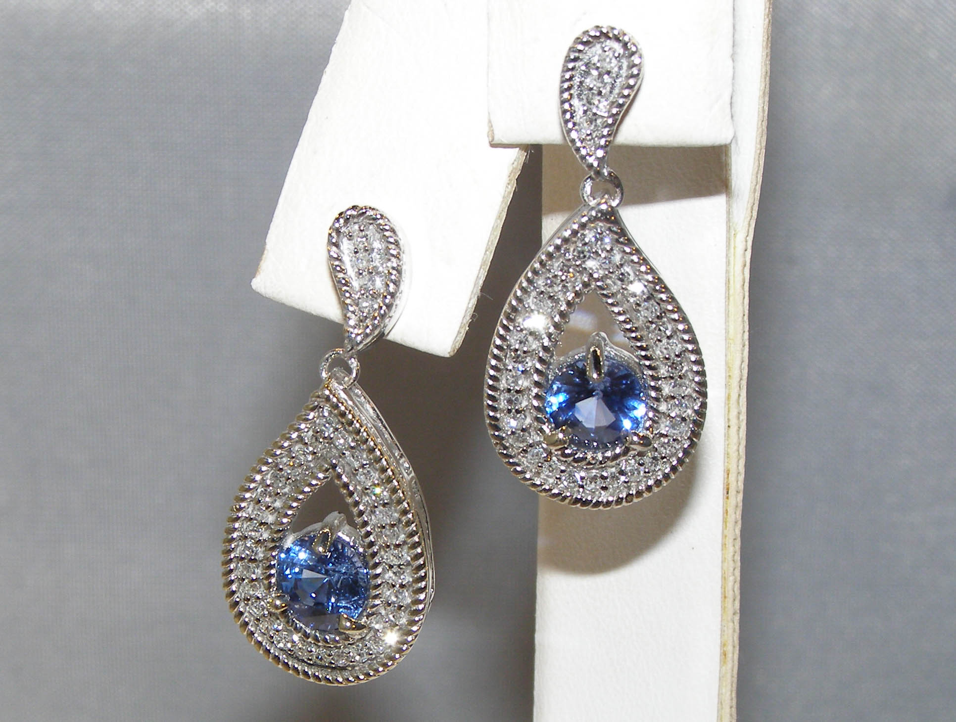 Tear Drop Ceylon Sapphire(H)* Pave Diamond Dangles 14KWG 1.91ctw