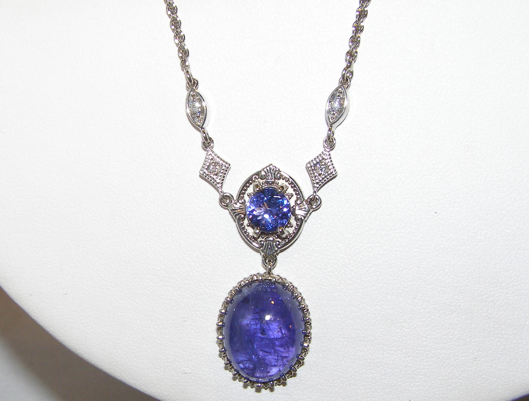 Art Deco Inspired Tanzanite(H)* Diamond Necklace 14KWG 18.01 ctw