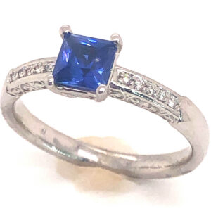 EGL Unheated Square Blue Sapphire Diamond Ring 14KWG 1.10 ctw