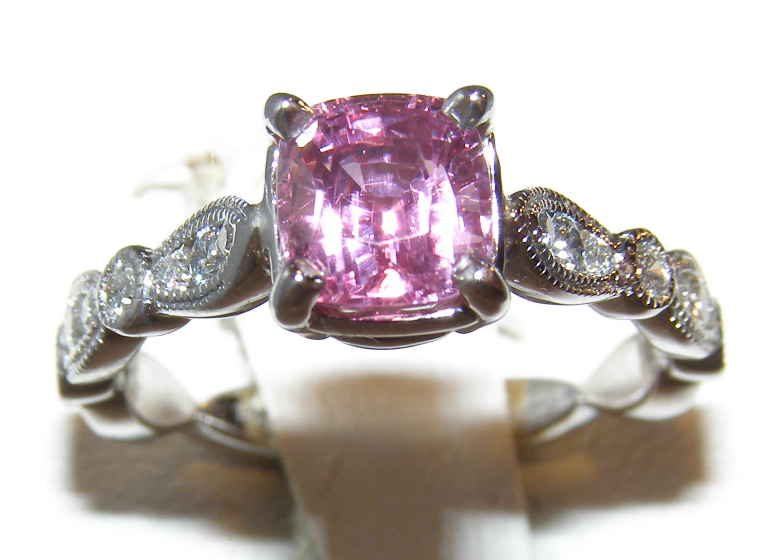 Pink/Peach Cushion Sapphire (H)* Diamond Ring 14KWG 1.49 ctw