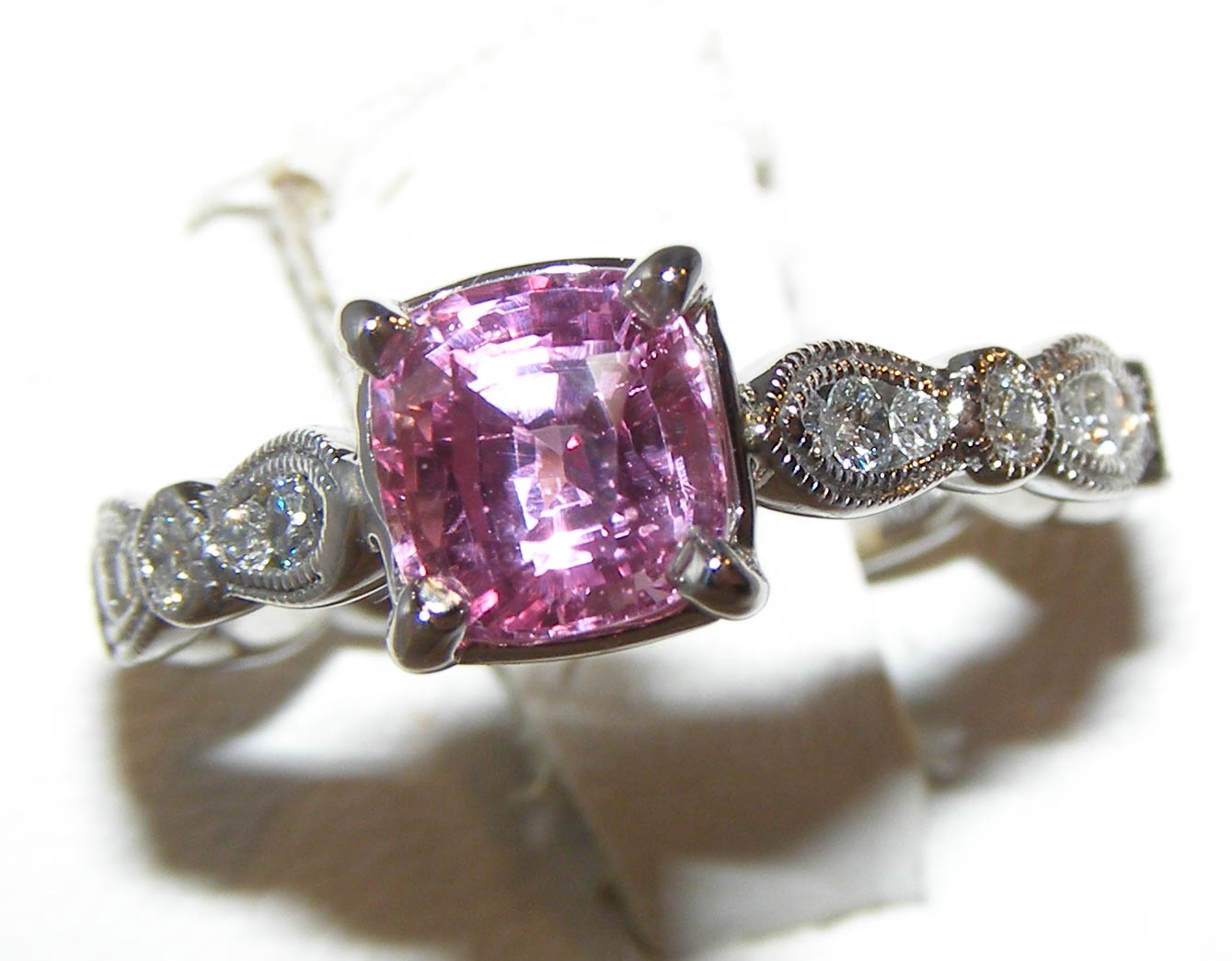 Pink/Peach Cushion Sapphire (H)* Diamond Ring 14KWG 1.49 ctw