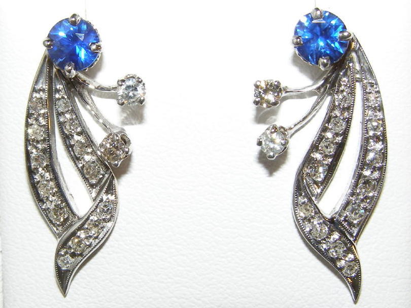 Art Deco Styled Sapphire(H)* Pave Diamond Earrings 14KWG1.45 ctw