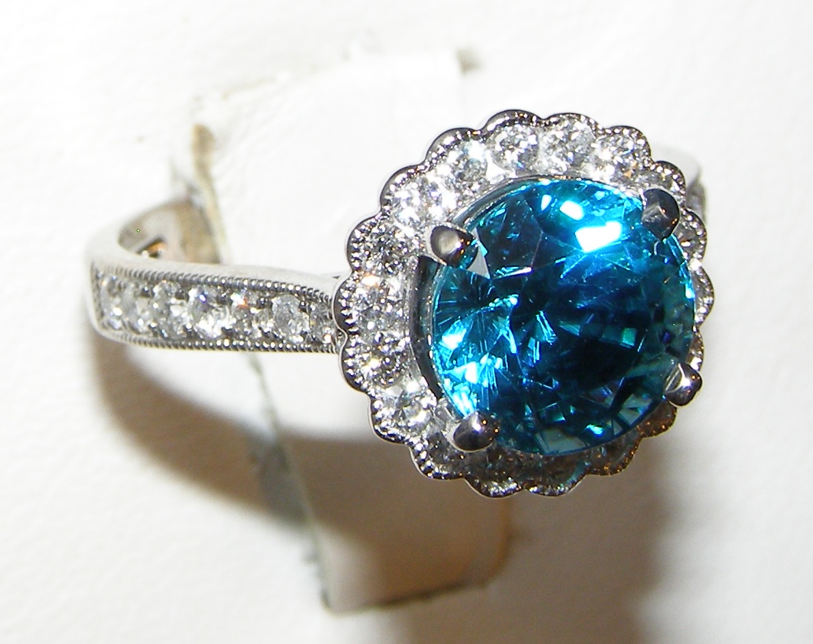 Ideal Faceted Blue Zircon (H)* Diamond Ring 18KWG 4.21 ctw