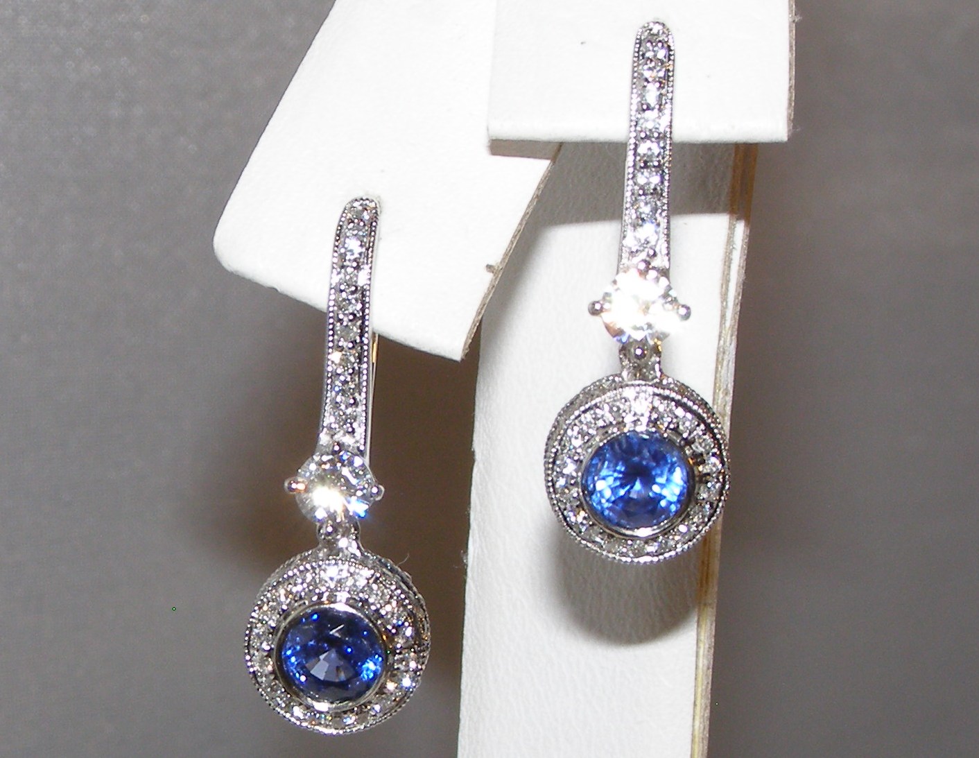 Dangle Bling Blue Sapphire (H)* Diamond Earrings 14KWG 1.56 ctw