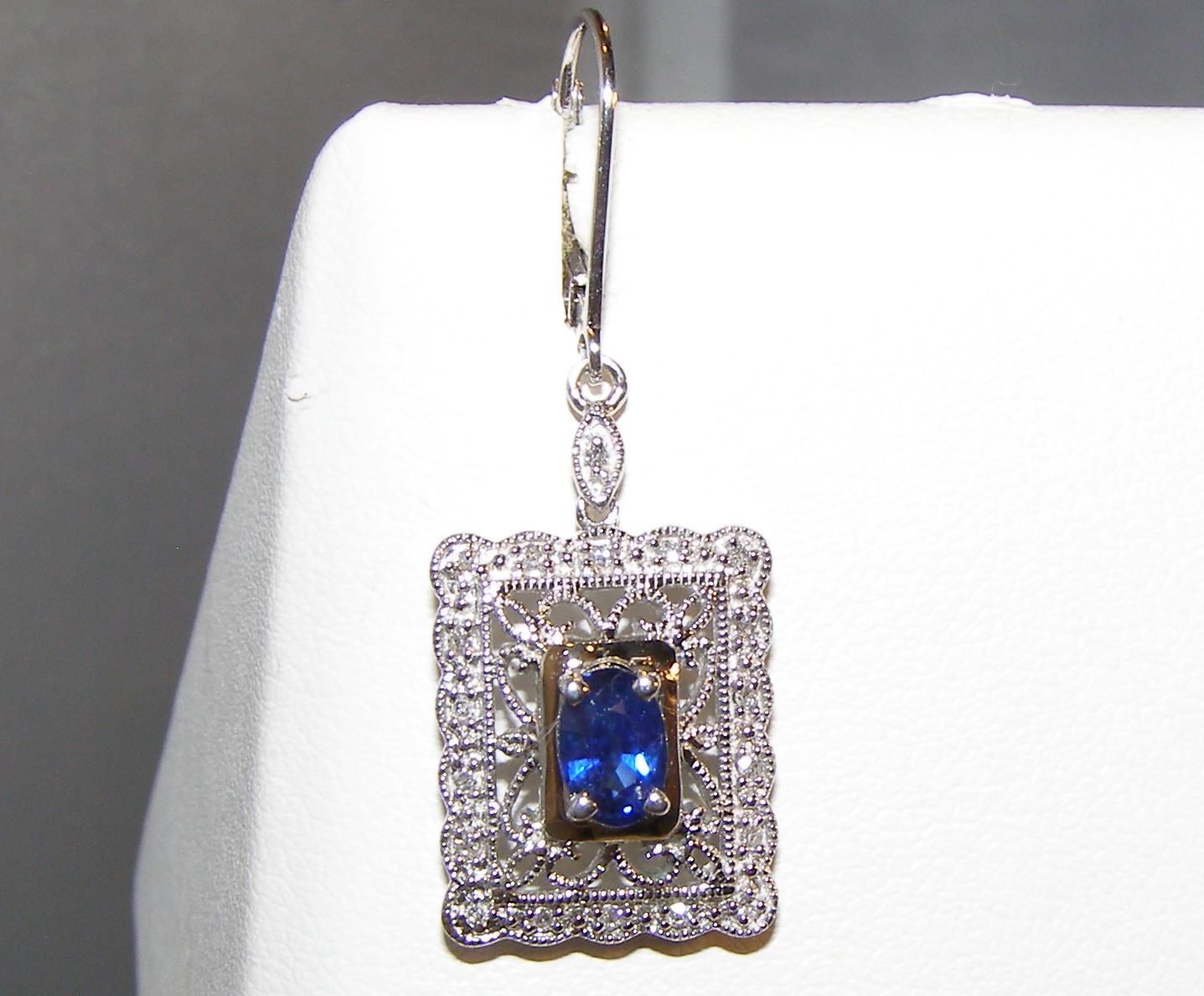 Art Deco Ceylon Sapphire(H)* Diamond Dangles 14KWG 1.42 ctw