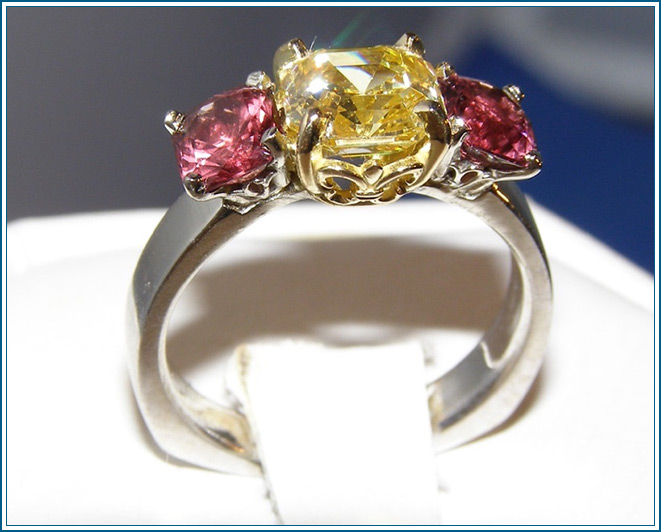 Yellow Beryl and Red Spinel Ring