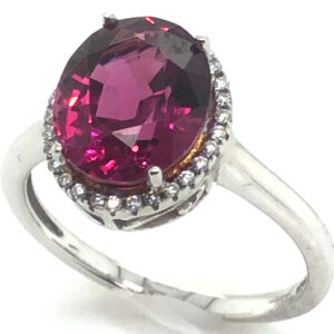 Rich Raspberry Rhodolite (N)* Diamond Halo Ring 4.55 ctw