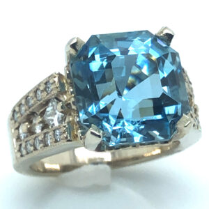 Large Specialty Asscher Cut Aquamarine (H)* Princess Diamond Ring 14KWG