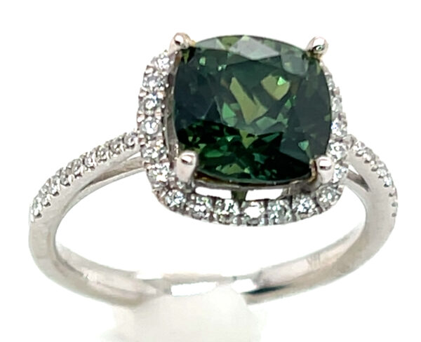 AAA+ Rated Cushion Green Sapphire (H)* Diamond Halo Ring 14KWG 3.91 ctw