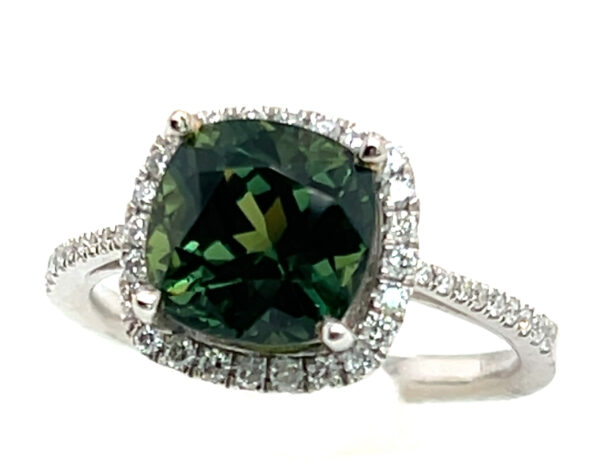 AAA+ Rated Cushion Green Sapphire (H)* Diamond Halo Ring 14KWG 3.91 ctw - Image 2