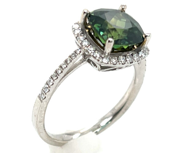 AAA+ Rated Cushion Green Sapphire (H)* Diamond Halo Ring 14KWG 3.91 ctw - Image 3