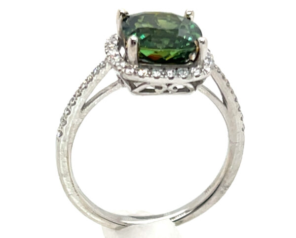 AAA+ Rated Cushion Green Sapphire (H)* Diamond Halo Ring 14KWG 3.91 ctw - Image 5