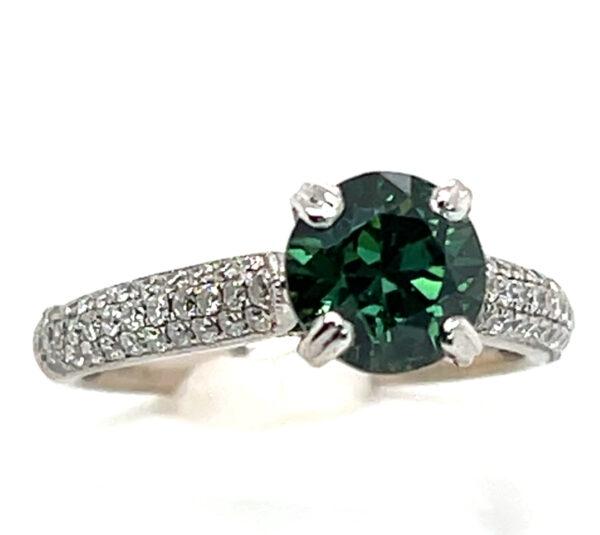 AGL Certified Round Brilliant Green Sapphire (N)* Pave Diamond Ring 14KWG 2.69 ctw