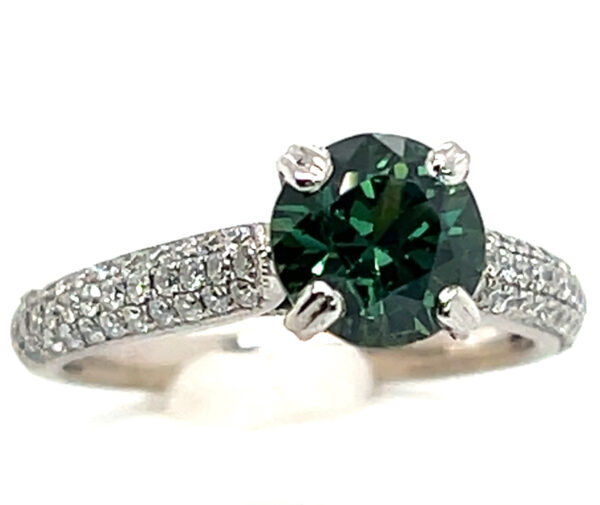 AGL Certified Round Brilliant Green Sapphire (N)* Pave Diamond Ring 14KWG 2.69 ctw - Image 3