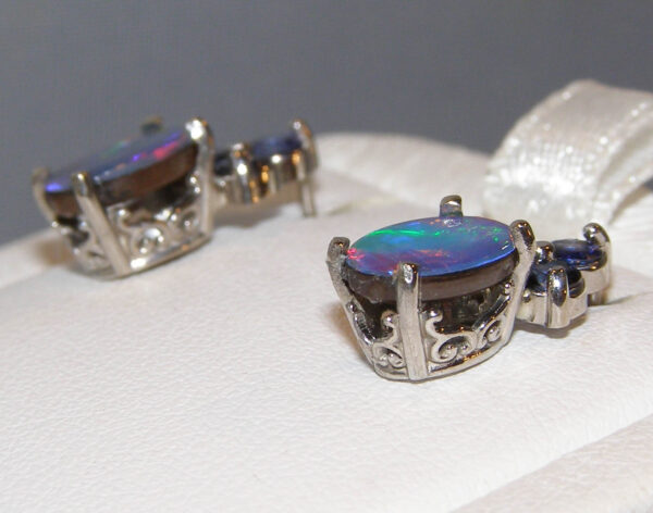 Colorful Opal Doublet Ceylon Sapphire (N)* Earrings 14KWG - Image 6