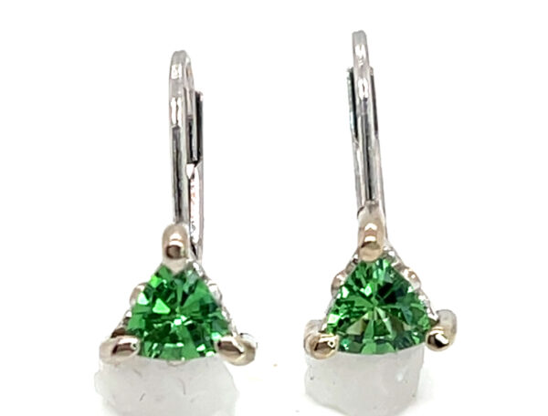 Leverback Vibrant Green Trilliant Tsavorite (N)* Dangle Earrings 14KWG 1.10 ctw - Image 3