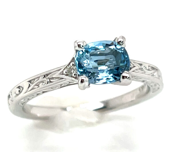 Deep Blue Aquamarine (H)* Diamond Ring 14KWG 0.99 ctw