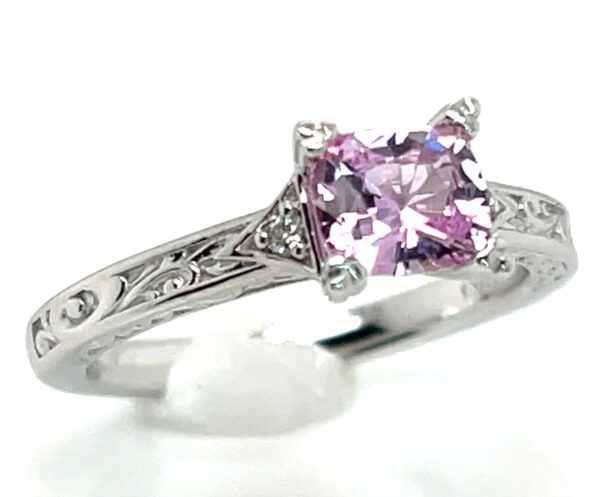 Delicate Pink Cushion Cut Sapphire (H)* Diamond Ring 14KWG 0.88 ctw - Image 2