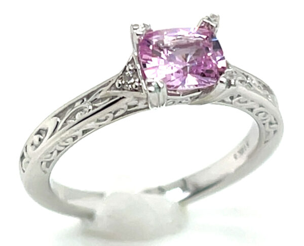 Delicate Pink Cushion Cut Sapphire (H)* Diamond Ring 14KWG 0.88 ctw - Image 3