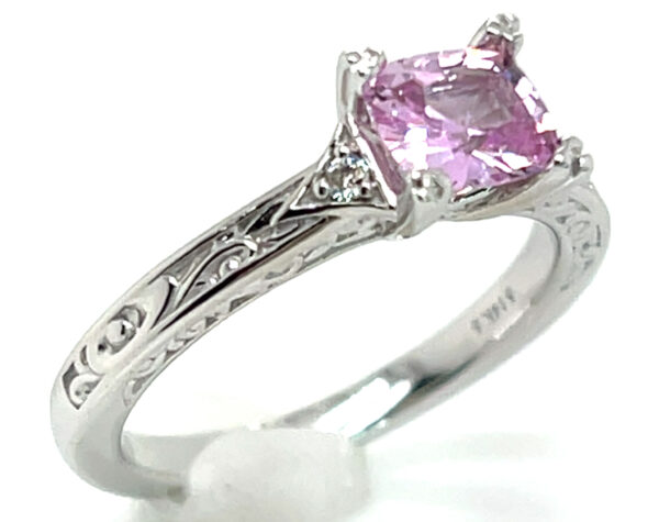 Delicate Pink Cushion Cut Sapphire (H)* Diamond Ring 14KWG 0.88 ctw - Image 4