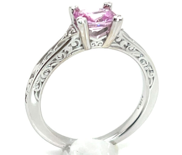 Delicate Pink Cushion Cut Sapphire (H)* Diamond Ring 14KWG 0.88 ctw - Image 5