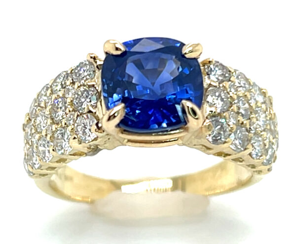 TOP BLUE Cushion Cut Ceylon Sapphire (H)* Diamond Ring 14KYG 4.23 ctw