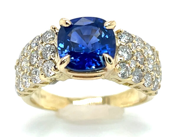 TOP BLUE Cushion Cut Ceylon Sapphire (H)* Diamond Ring 14KYG 4.23 ctw - Image 3