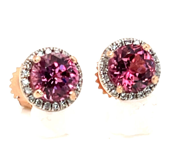 Super Brilliant Pink Zircon (H)* Diamond Halo Earrings 14KRG 3.24 ctw - Image 3