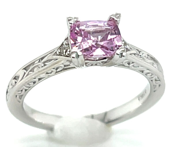 Delicate Pink Cushion Cut Sapphire (H)* Diamond Ring 14KWG 0.88 ctw