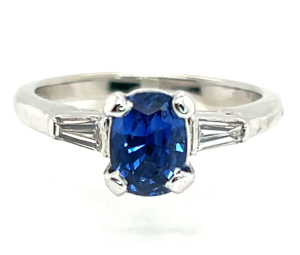 Cushion Ceylon Sapphire (H)* Diamond Baguette Platinum Ring 1.29 ctw