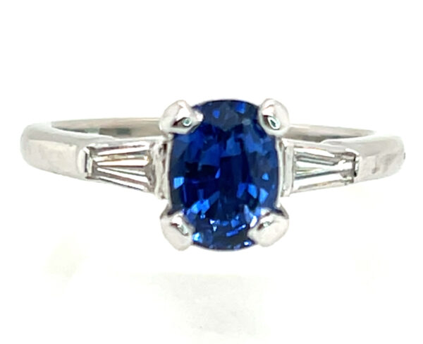 Cushion Ceylon Sapphire (H)* Diamond Baguette Platinum Ring 1.29 ctw - Image 2