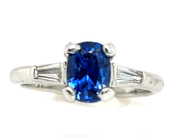 Cushion Ceylon Sapphire (H)* Diamond Baguette Platinum Ring 1.29 ctw - Image 3