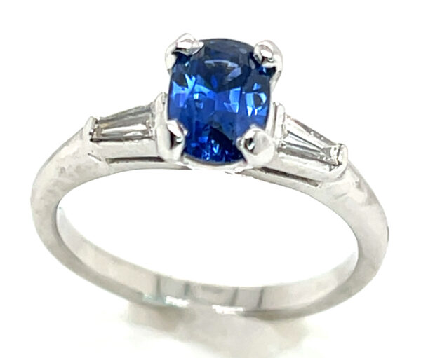 Cushion Ceylon Sapphire (H)* Diamond Baguette Platinum Ring 1.29 ctw - Image 6