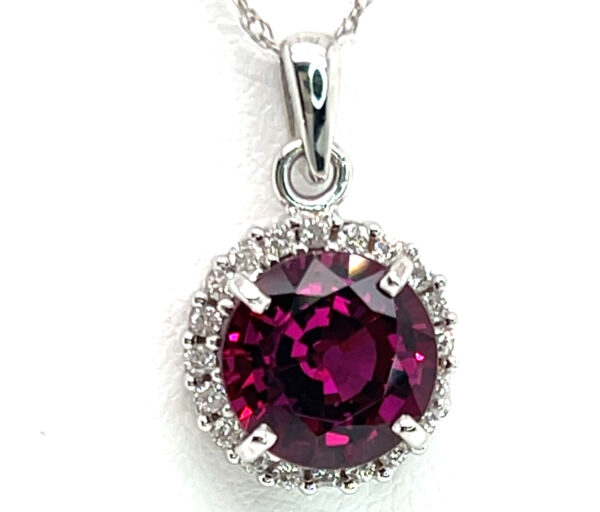 Brilliant Rhodolite (N)* Diamond Halo Pendant 14KWG 4.33 ctw