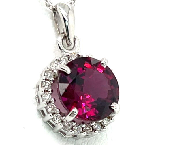 Brilliant Rhodolite (N)* Diamond Halo Pendant 14KWG 4.33 ctw - Image 4