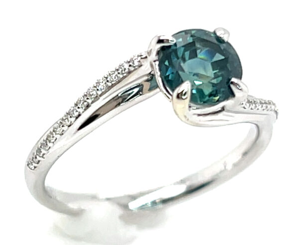 Montana Teal Sapphire (H)* Swirl Diamond Ring 14KWG 1.55 ctw