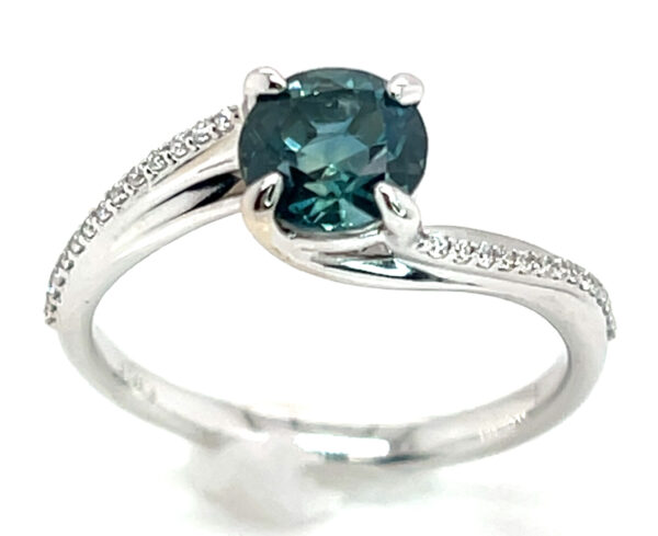 Montana Teal Sapphire (H)* Swirl Diamond Ring 14KWG 1.55 ctw - Image 2