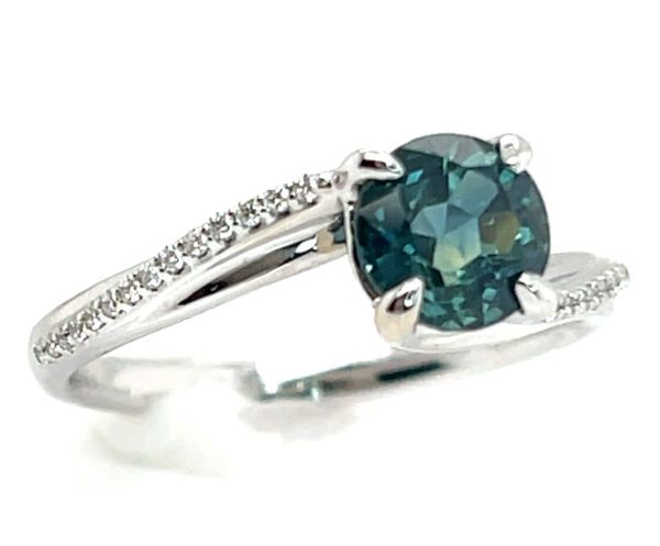 Montana Teal Sapphire (H)* Swirl Diamond Ring 14KWG 1.55 ctw - Image 3