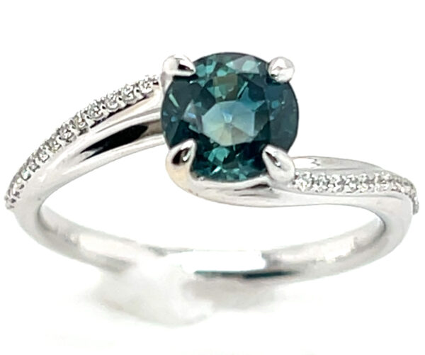 Montana Teal Sapphire (H)* Swirl Diamond Ring 14KWG 1.55 ctw - Image 4