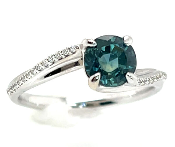 Montana Teal Sapphire (H)* Swirl Diamond Ring 14KWG 1.55 ctw - Image 5