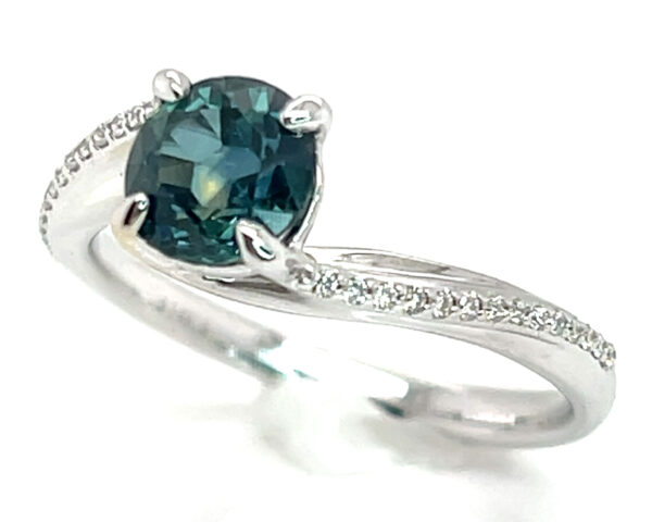 Montana Teal Sapphire (H)* Swirl Diamond Ring 14KWG 1.55 ctw - Image 6