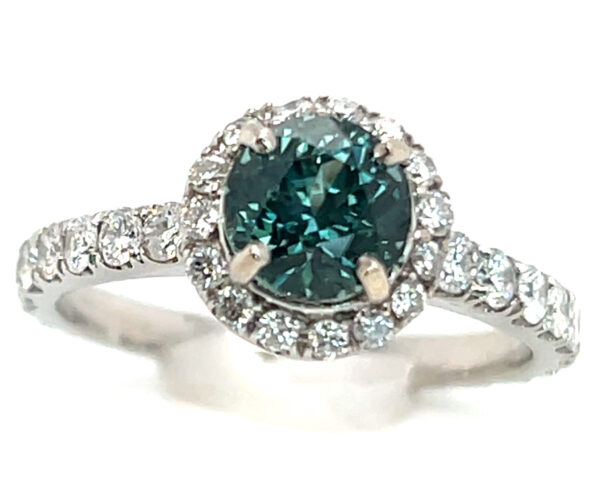 Certified Jeff White Faceted Teal Montana Sapphire (N)* Diamond Halo Ring 14KWG 2.63 ctw