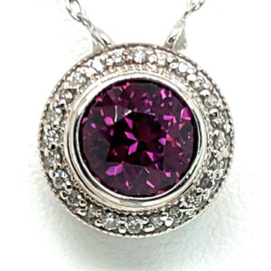 TOP Quality Madagascan Round Brilliant Rhodolite (N)* Diamond Halo & White Sapphire By the Yard Necklace 18KWG 8.53 ctw