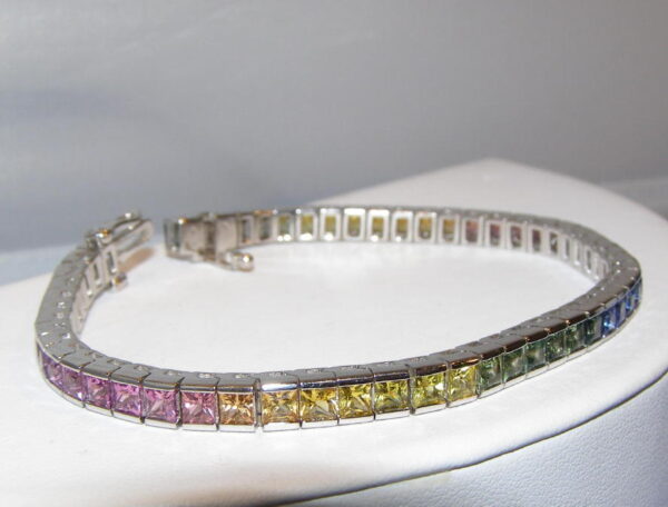 Princess Multicolor Rainbow Sapphire Bracelet 12.00 ctw 14KWG HOLD