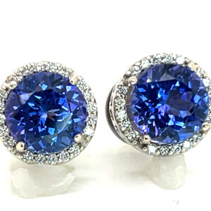 High Quality Tanzanite (H)* Diamond Halo Earrings 14KWG 4.36 ctw