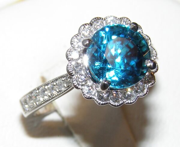 Top Rated Blue Zircon (H)* Diamond Halo Ring 14KWG 4.21 ctw