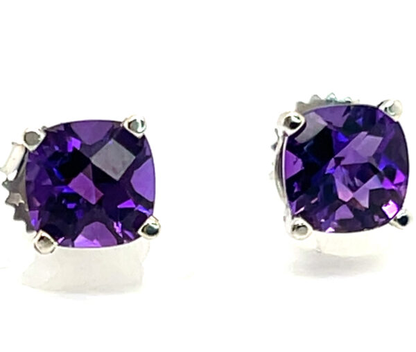 Gorgeous Nigerian (pink & blue flash) Antique Cushion Checkerboard Faceted Amethyst (H)* Studs 14KWG 4.00 ctw